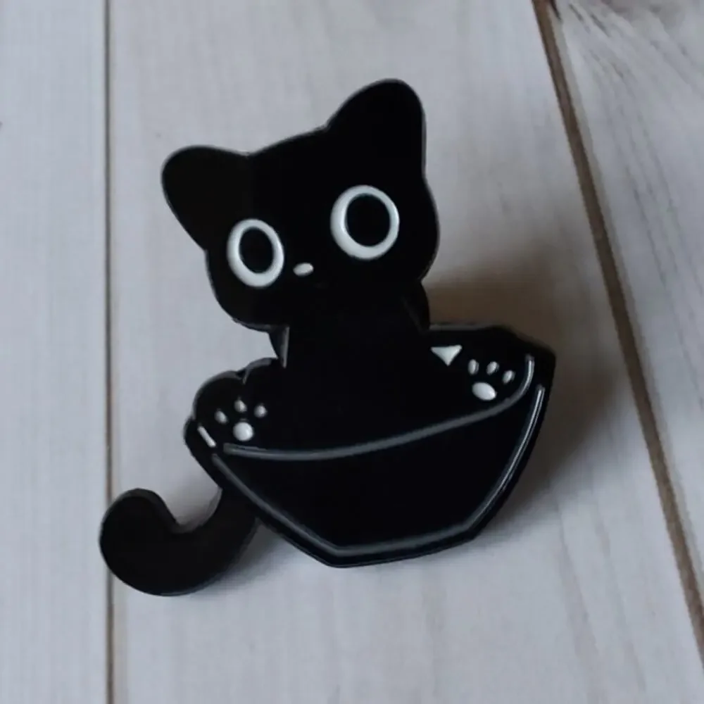 Cute Black Cat Pin Kitty Bowl Lapel Hat Funny Brooch